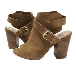 Paige | Tan Suede Mimi Peep Toe Block Heel Bootie Sandals Size 8